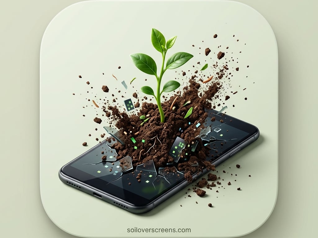 A seedling growing out of soil that has burst through a phone screen